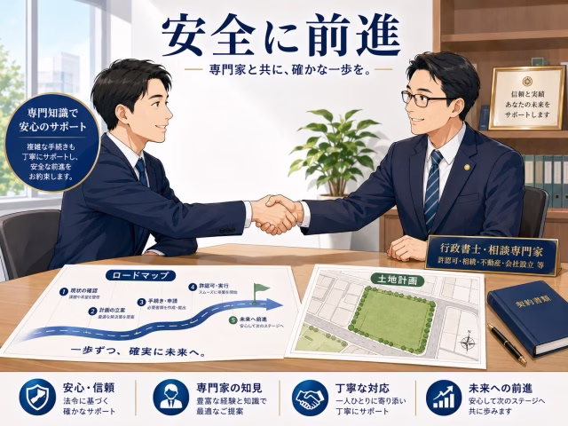 事業者が実務の専門家に相談し、農地取得に向けた安全なロードマップを共有している様子