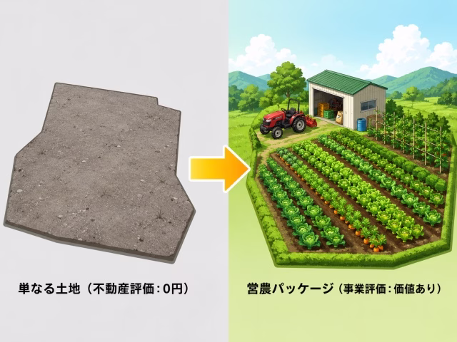 単なる土地としての評価と、農機具やインフラを含めた事業資産としての価値転換を比較した対比図解