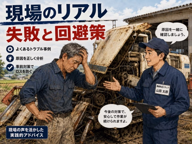 故障した古い機械の前で頭を抱える農家と、それを優しく諭す農機具店のプロのスタッフのイラスト。画像内に日本語で「現場のリアル」「失敗と回避策」の文字。