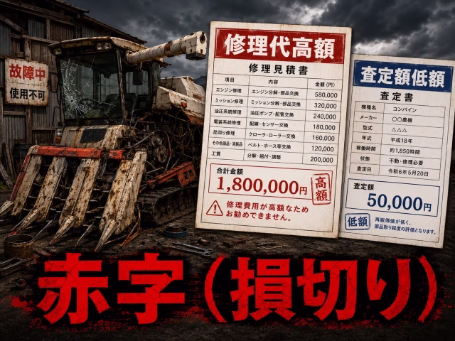 故障した農機具と、その横に高い修理見積書と低い査定額の書類。下部に日本語で「赤字(損切り)」の文字。