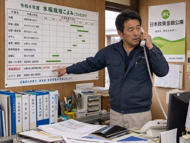 カレンダーの逆算スケジュールが破綻しているのを見て、日本政策金融公庫(の日本語ロゴ)に電話をかけようとしている、日本の農家。カレンダーには日本語で「間に合わない」。