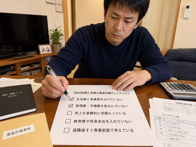 就農前の男性が、真剣な表情でA4用紙に印刷された「危険な資金計画チェックリスト（日本語、5項目）」にボールペンでチェックを入れているシーン。