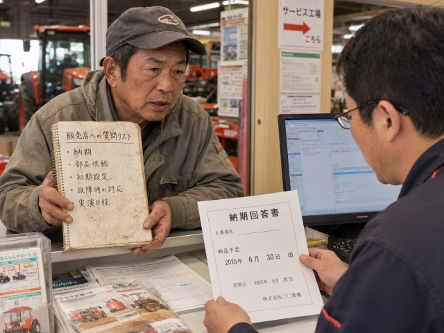 農機販売店で、日本の農家が手帳の日本語質問リストを見ながら、販売店員に納期確認の質問をしている。