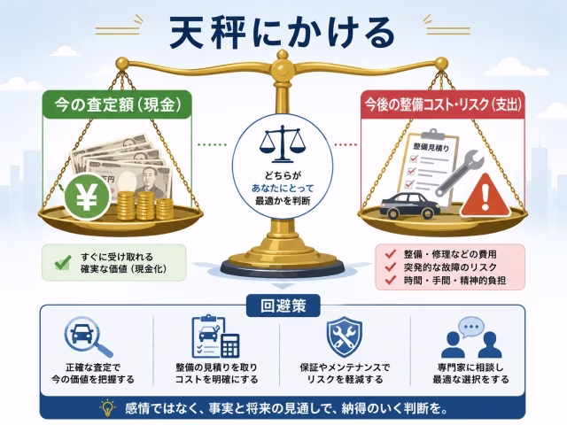 巨大な天秤の片方に「今の査定額(現金)」、もう片方に「今後の整備コスト・リスク(支出)」が載っているインフォグラフィック。画像内に日本語で「回避策」「天秤にかける」の文字。