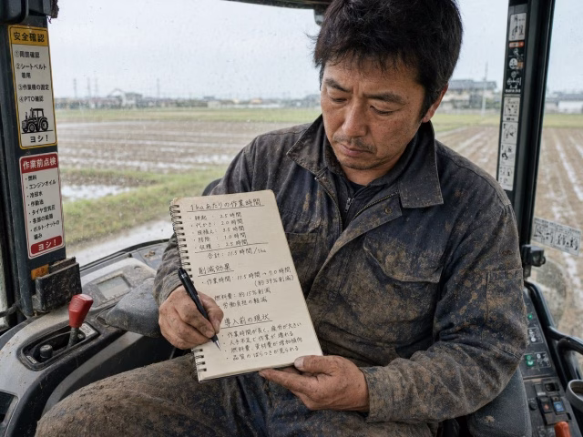 トラクターの運転席で、作業の手を止め、メモ帳(日本語)に「1haあたりの時間」を書き込んでいる、汗をかいた日本の農家。