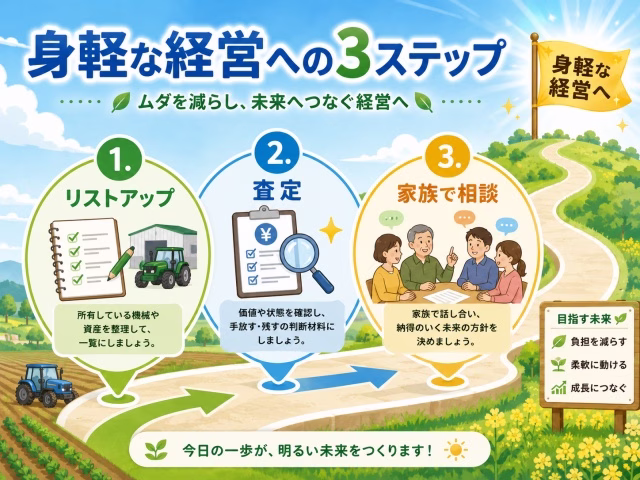 身軽な経営へ向かうための3つのステップ(1.リストアップ、2.査定、3.家族で相談)を表すロードマップ。