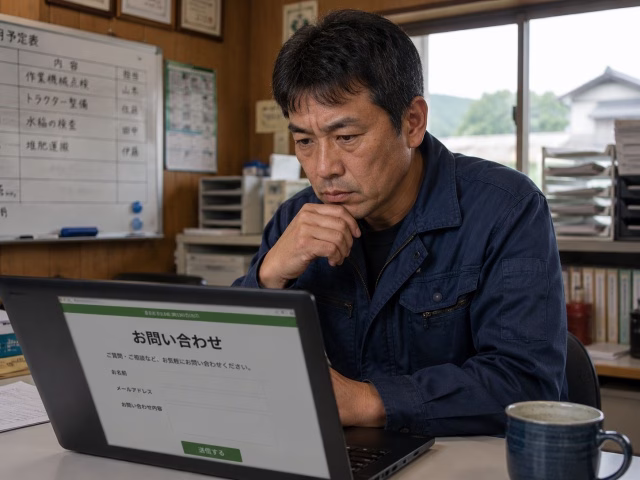 パソコンで農機具の部品について問い合わせている様子