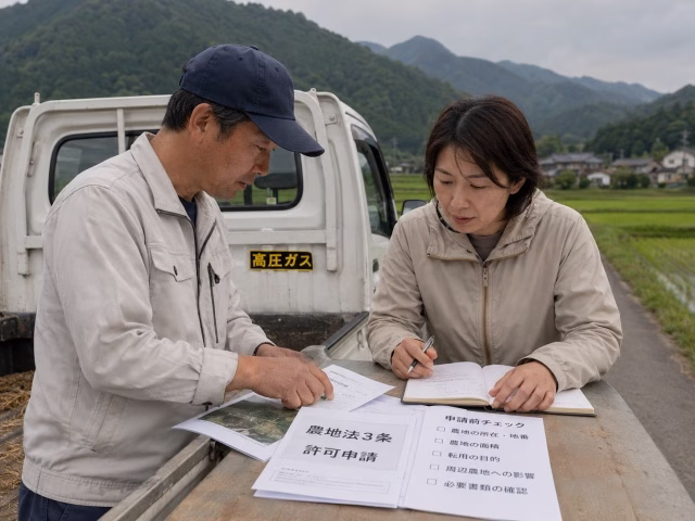 農地の前で農地法3条の許可申請書類を確認する新規参入者