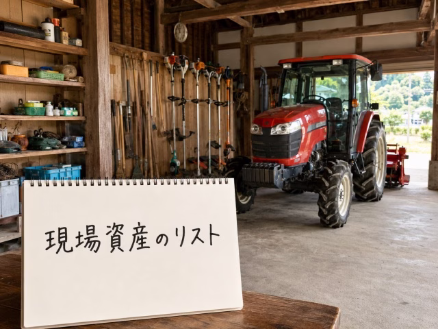 日本の農家の倉庫内に保管されているトラクターや草刈り機などの現場資産のイメージ