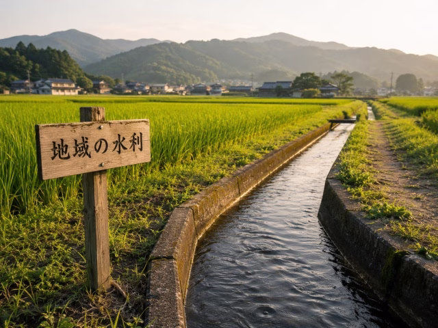 日本の農村を流れる整備された農業用水路と、代々受け継がれる水利権のイメージ