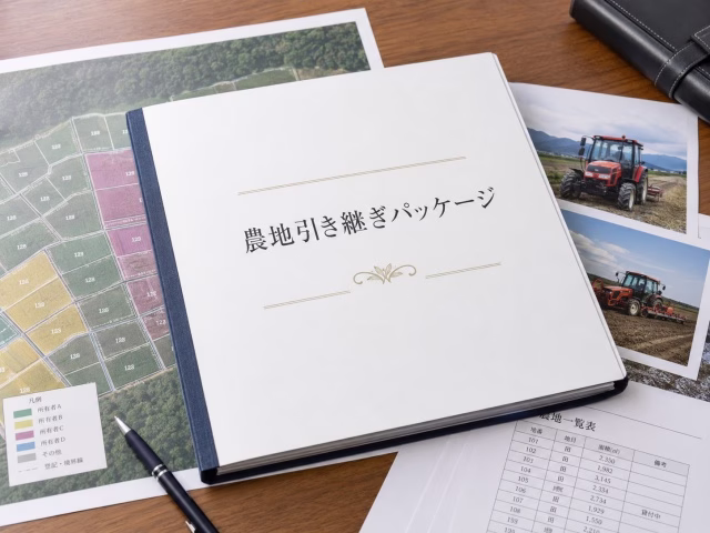 土地・設備・地域の情報を一つにまとめた農地引き継ぎパッケージの資料バインダーのイメージ