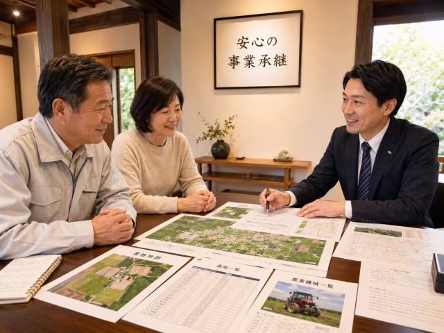 専門家とテーブルを挟んで、実家の農地処分や事業承継の相談を行っている所有者夫婦のイメージ