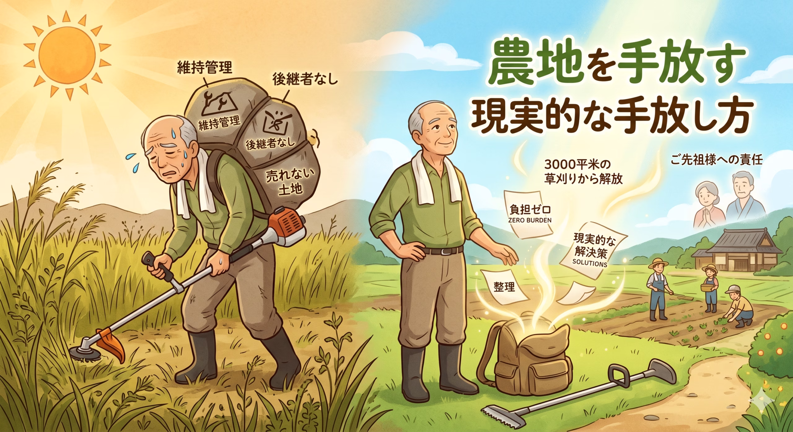 農地を手放すことによる負担軽減のビフォーアフターを描いたイラスト。 左側は、強い日差しの下で草刈り機を使う疲労困憊の高齢男性が描かれている。背中には「維持管理」「後継者なし」「売れない土地」と書かれた重そうな荷物を背負っており、農地維持の重圧を示している。 右側には「農地を手放す 現実的な手放し方」というタイトルがある。同じ男性が荷物を下ろし、晴れやかな表情で立っている。下ろしたリュックからは「負担ゼロ」「整理」「現実的な解決策」と書かれた書類が光とともに出現している。「3000平米の草刈りから解放」「ご先祖様への責任」という言葉とともに、背景には若者たちが農地を活用している様子や先祖の姿が描かれ、農地を適切に手放すことで心身の重荷から解放される様子が表現されている。