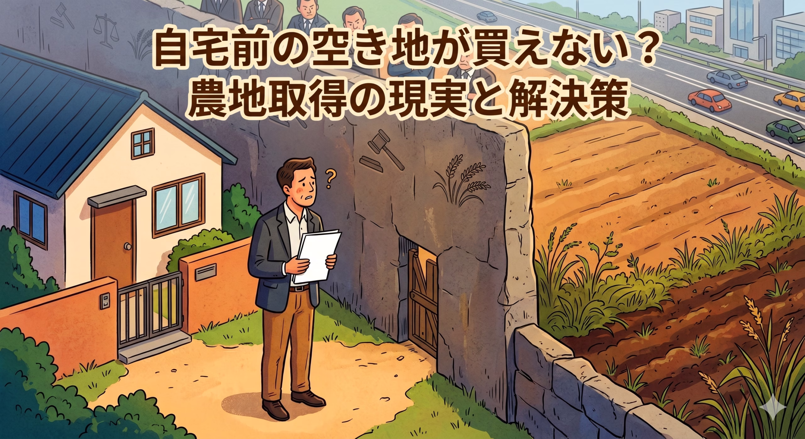 「自宅前の空き地が買えない？ 農地取得の現実と解決策」というタイトル入りのインフォグラフィックイラスト。左側に困惑する男性が自宅前農地に立ち、中央の巨大な法律の壁が取得を阻んでいる。壁には厳しい当局者や不許可のシンボル（左）と、解決策（右）としての停止条件や専門家との協力、そしてその先の幹線道路、駐車場、店舗、ビルといった開発された都市風景が描かれている。