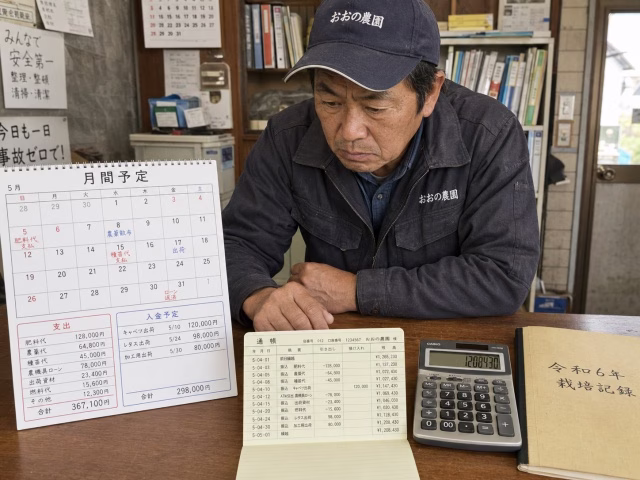 カレンダーと通帳を見つめ、期限と資金を確認する農家
