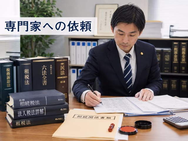法律書が並ぶデスクで書類を作成する専門家