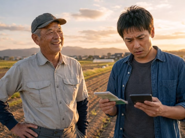 農業で食べていけると笑顔で話す親と、不安げに通帳と電卓を見る後継者の息子。