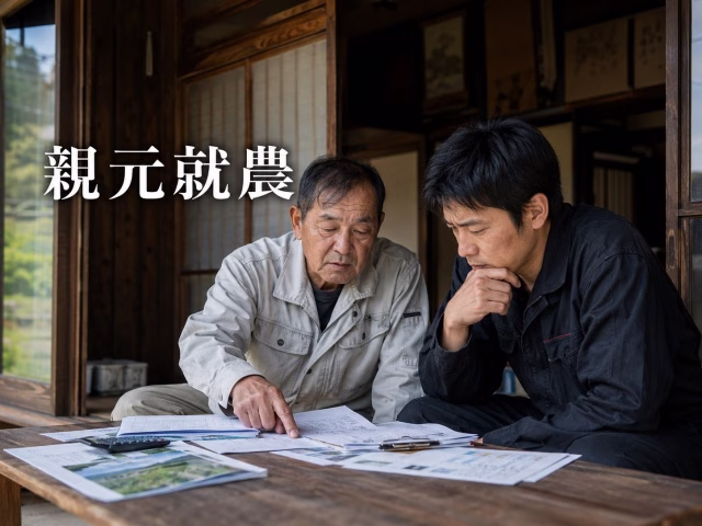 実家の農家を継ぐことについて書類を見ながら話し合う親子