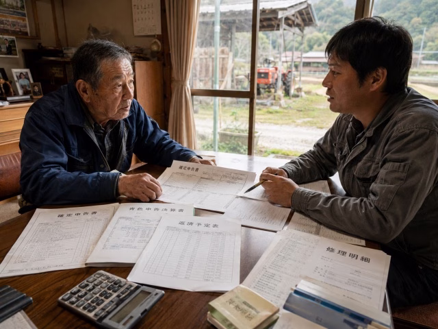 親子が実家の居間で帳簿と電卓を見ながら農業承継について話し合う様子