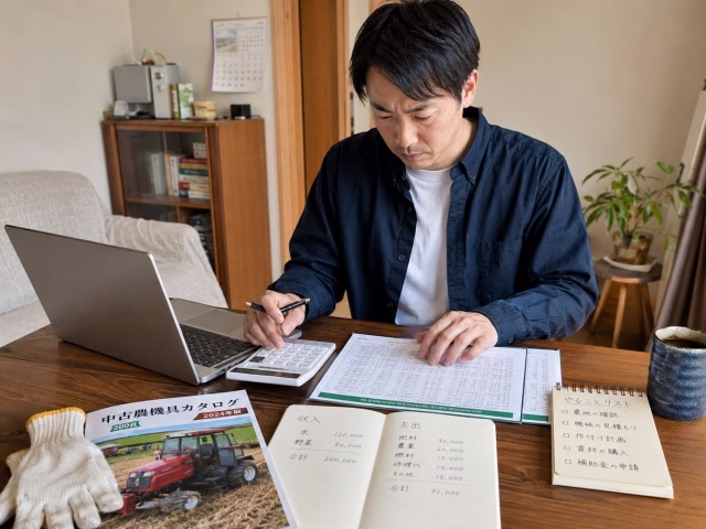 会社員が農業副業の収支を電卓と資料で確認している様子