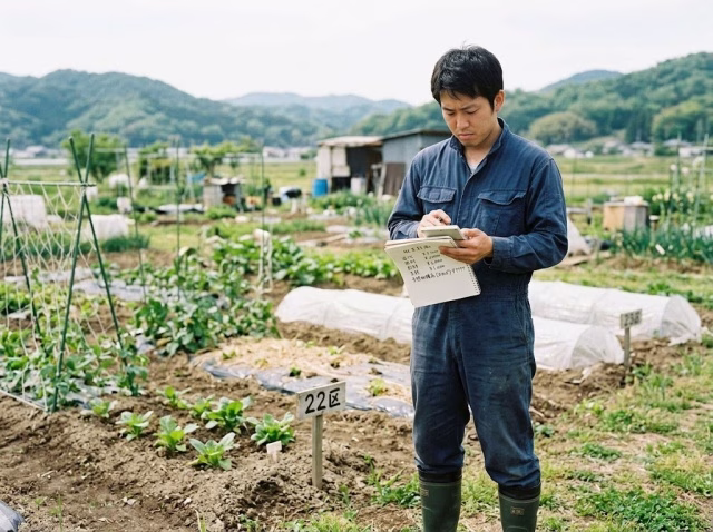 小さな畑の前で農業副業の収支を確認する会社員