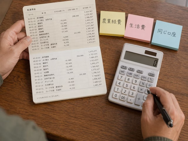 通帳と付箋で農業経費と生活費が同じ口座から出ていることを確認する様子