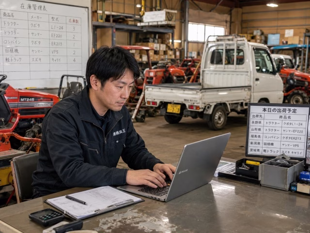 古い農機が並ぶ整備工場でパソコンを使って流通システムを作る人物