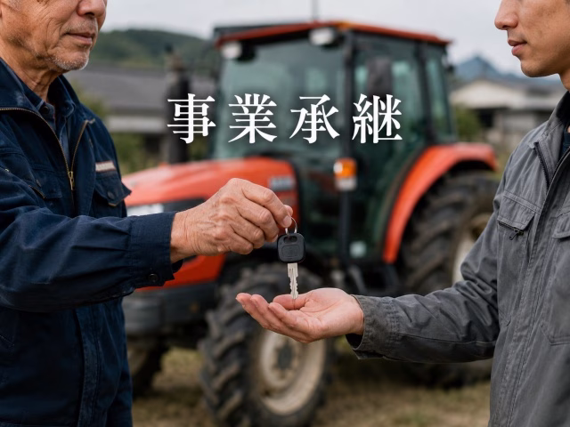 年配の農家から若手へトラクターの鍵を引き継ぐ手元