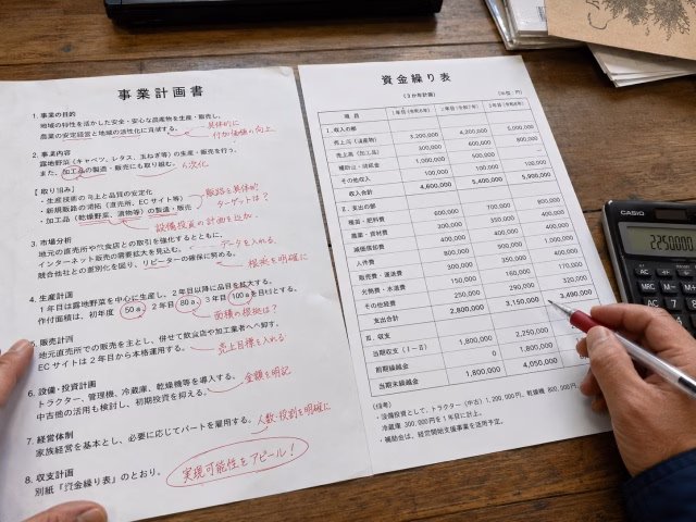赤字で修正された事業計画書と、新しく作られた資金繰り表