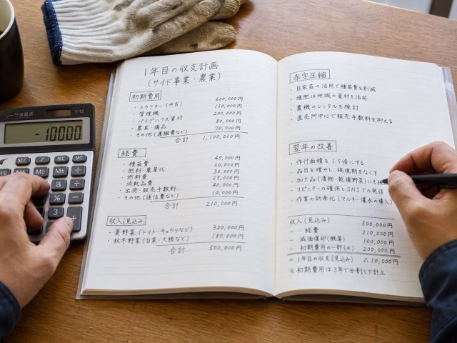 農業副業の初年度赤字を小さくするために収支を計算している手元