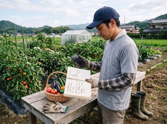 畑作業の時間と売上を記録して時給換算を確認している様子