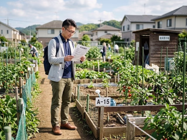 市民農園で作物販売の可否を利用規約で確認している様子