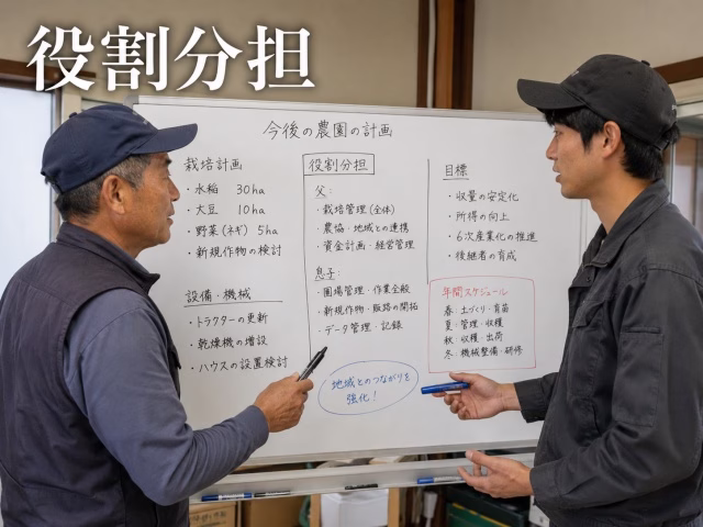 ホワイトボードを使って今後の農業計画を話し合う親子