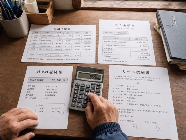借入金の返済予定表とリース契約書を確認しながら返済額を計算する様子