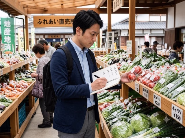 直売所で野菜の価格や品質を確認する会社員