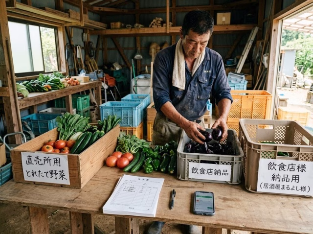 直売所や飲食店向けに野菜の出荷先を分けて準備する農家