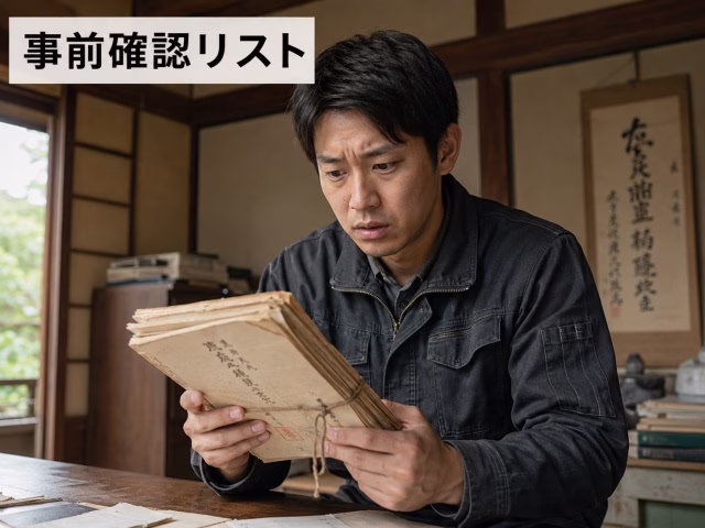 古い書類を見つめて不安そうな若手農家