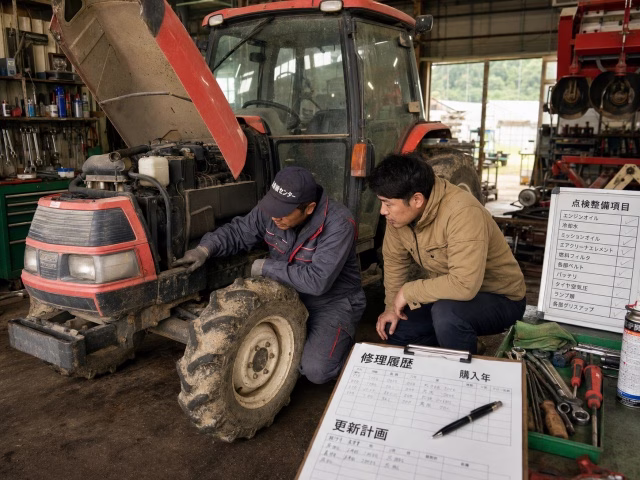 古いトラクターを農機具店スタッフと後継者が点検している様子