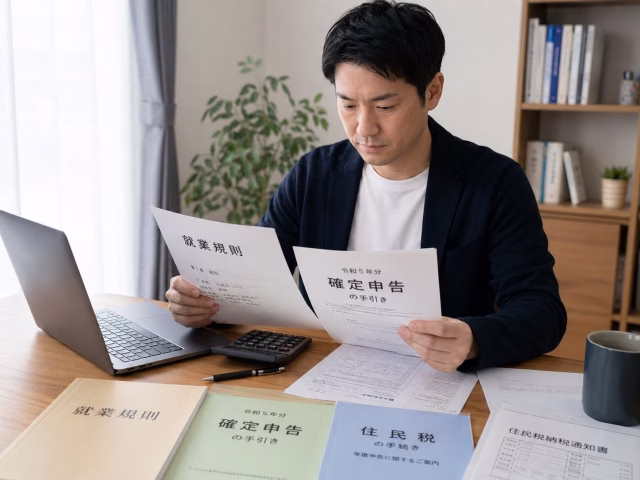 会社員が農業副業を始める前に就業規則と税務書類を確認している様子