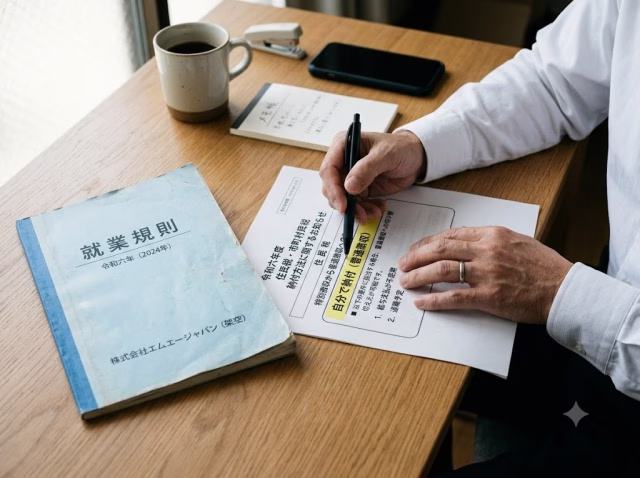 就業規則と住民税の書類を確認する会社員の手元