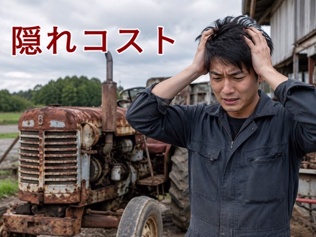 古びたトラクターの前で頭を抱える若手農家