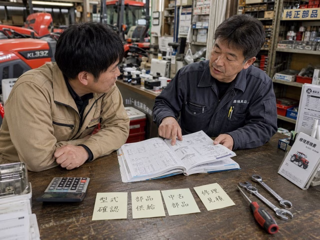 農機具店で古いトラクターの部品供給や修理可否を相談する様子