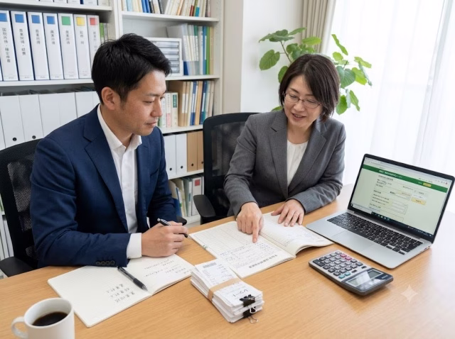 会社員が税理士に農業副業の確定申告について相談している様子