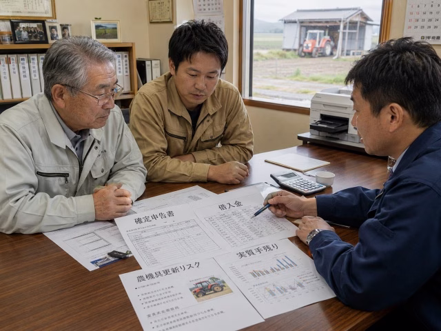 親子と第三者の相談員が帳簿と農機具リストを見ながら農業承継を相談する様子