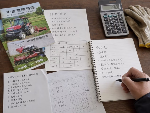 中古農機具、作物選び、売り先を整理して農業副業の手順を考えている様子