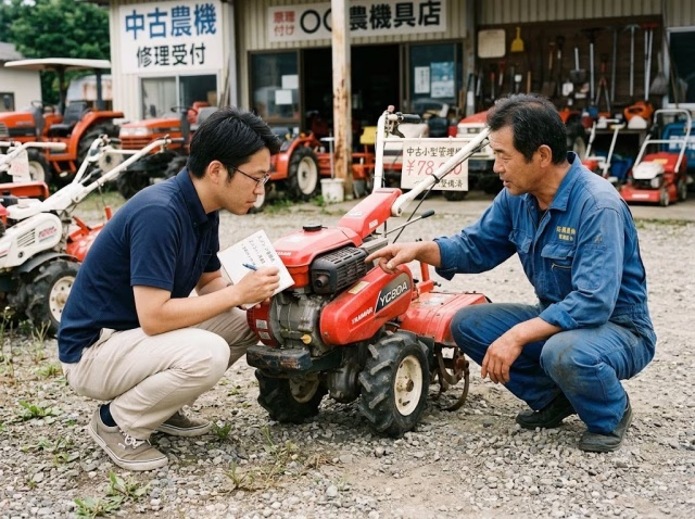 農機具店で中古管理機の状態を確認する会社員