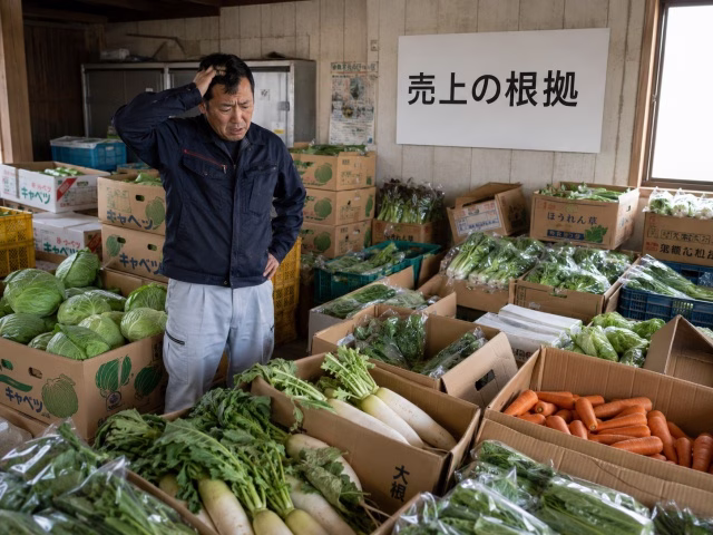 山積みになった野菜の箱と困っている農家