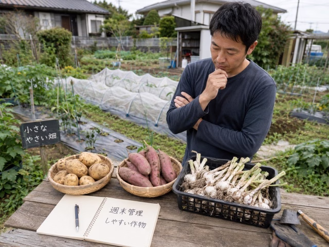 週末管理しやすいジャガイモやサツマイモなどの作物を選んでいる様子