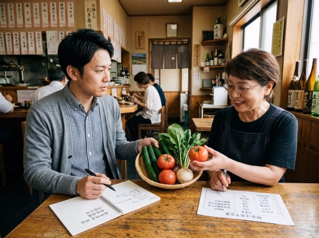 飲食店の店主と野菜の売り先について相談する副業農業の会社員