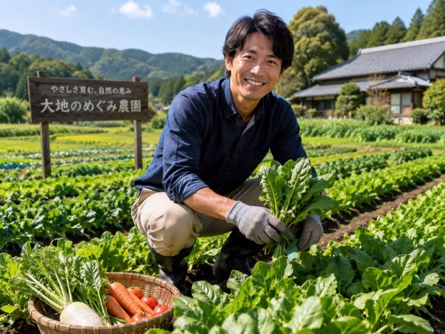 晴れた畑で笑顔で野菜を収穫する移住者の理想の姿
